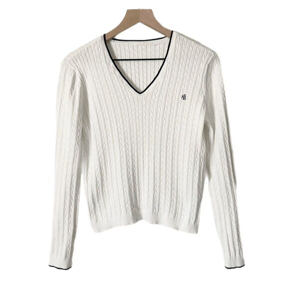 Ralph Lauren Cable Knit Cotton V-Neck Sweater in White Size Small tennis - Picture 1 of 4
